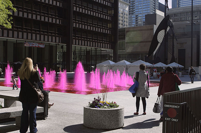 Daley Center Plaza; fountain supposed to be RED to support Black Hawks. But pink. Oops..
