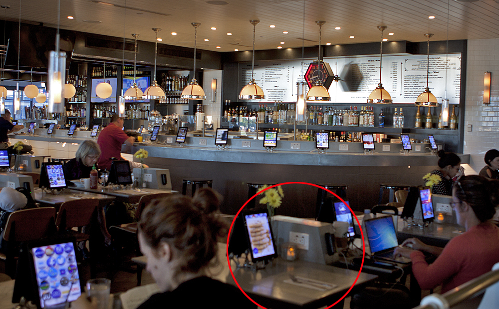 Left to right in circle: iPad to order, outlets to charge, credit card reader