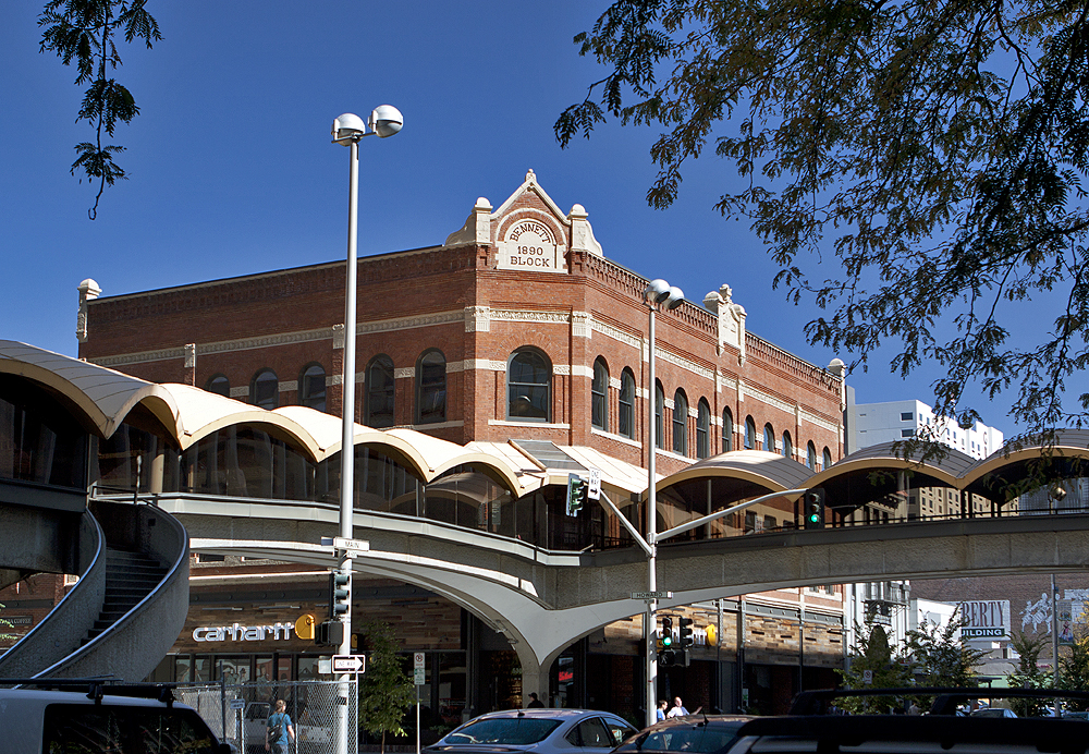 In a city with a lot of skywalks, this might be the worst. California style hitting old brick building