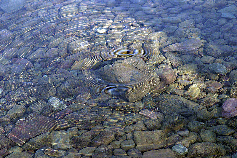 Concentric rings around rock in shallows