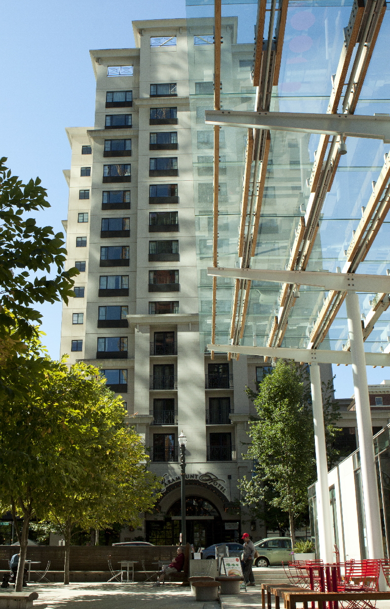 Exterior, shot from park across the street