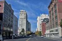 Downtown street, looking west. Old and new buildings
